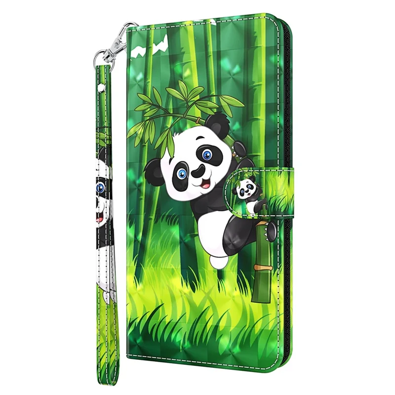 3D Pattern Printing Phone Case for Google Pixel 8 , Wallet Stand PU Leather Cover with Strap - Panda Climbing