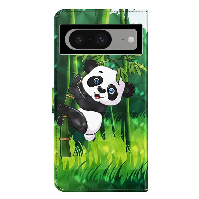 3D Pattern Printing Phone Case for Google Pixel 8 , Wallet Stand PU Leather Cover with Strap - Panda Climbing