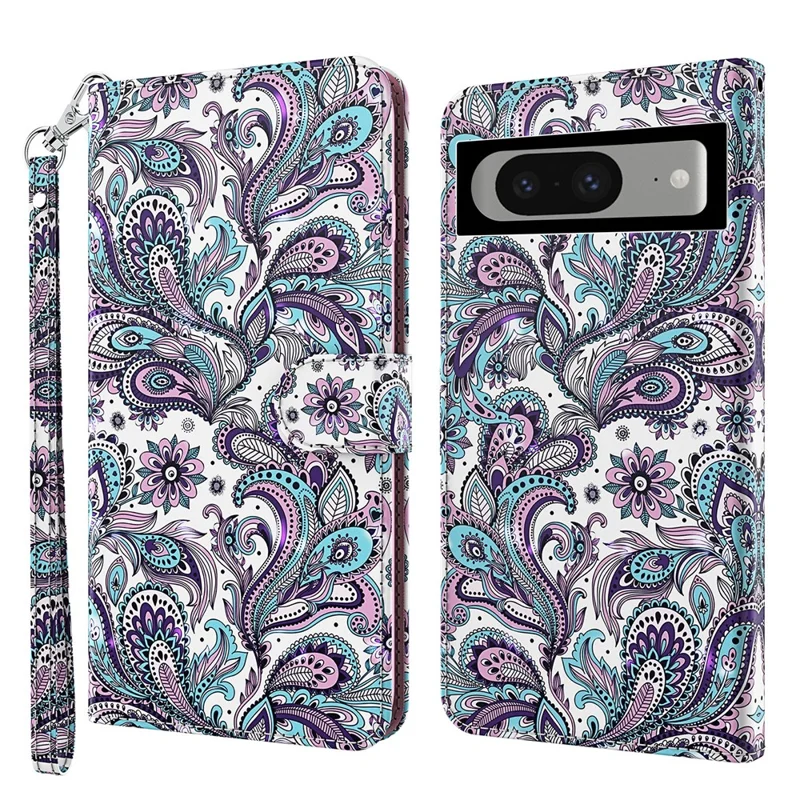 3D Pattern Printing Phone Case for Google Pixel 8 , Wallet Stand PU Leather Cover with Strap - Purple Impatiens