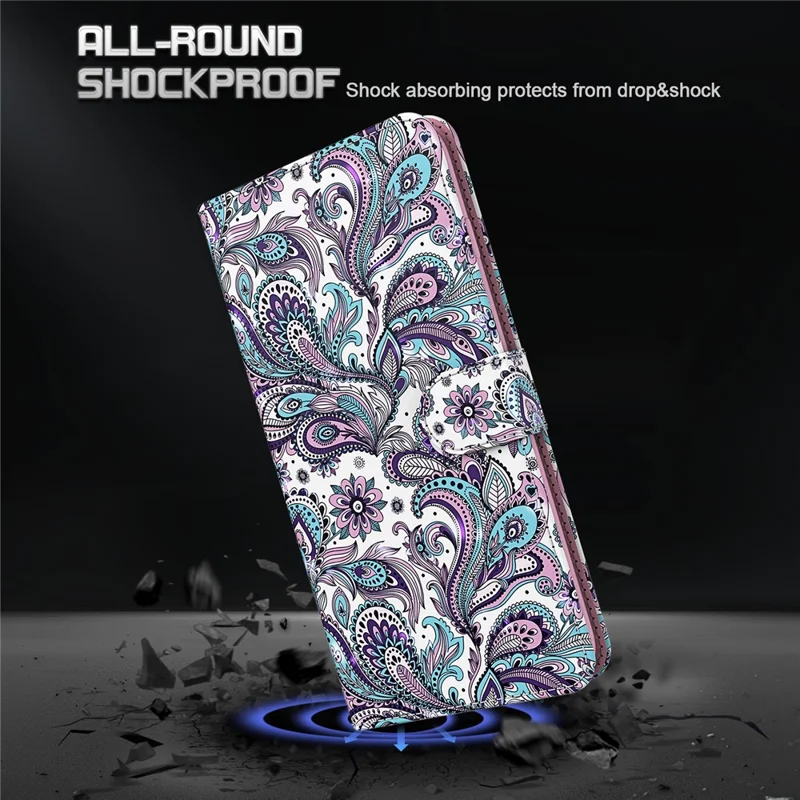 3D Pattern Printing Phone Case for Google Pixel 8 , Wallet Stand PU Leather Cover with Strap - Purple Impatiens
