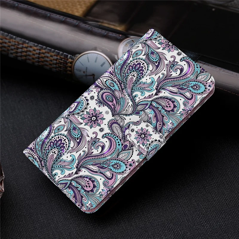 3D Pattern Printing Phone Case for Google Pixel 8 , Wallet Stand PU Leather Cover with Strap - Purple Impatiens