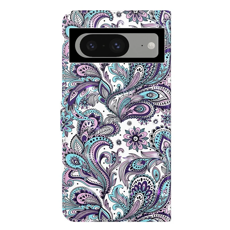 3D Pattern Printing Phone Case for Google Pixel 8 , Wallet Stand PU Leather Cover with Strap - Purple Impatiens