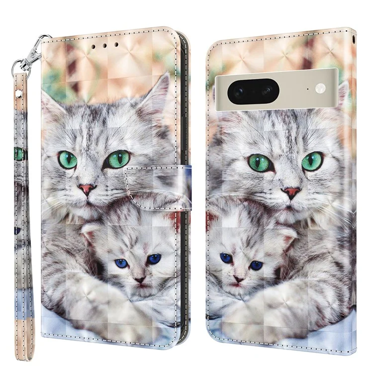 For Google Pixel 8 3D Pattern Printing PU Leather Phone Cover Wallet Phone Stand Case with Strap - Two Cats