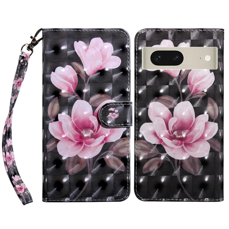 For Google Pixel 8 3D Pattern Printing PU Leather Phone Cover Wallet Phone Stand Case with Strap - Pink Flower