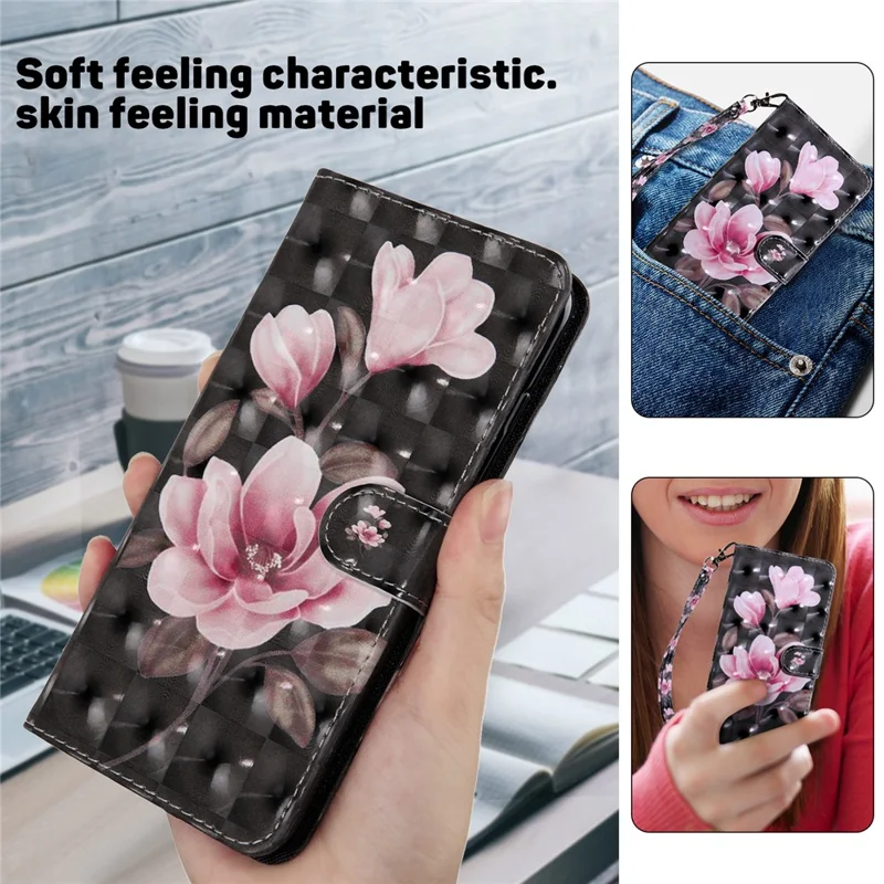 For Google Pixel 8 3D Pattern Printing PU Leather Phone Cover Wallet Phone Stand Case with Strap - Pink Flower