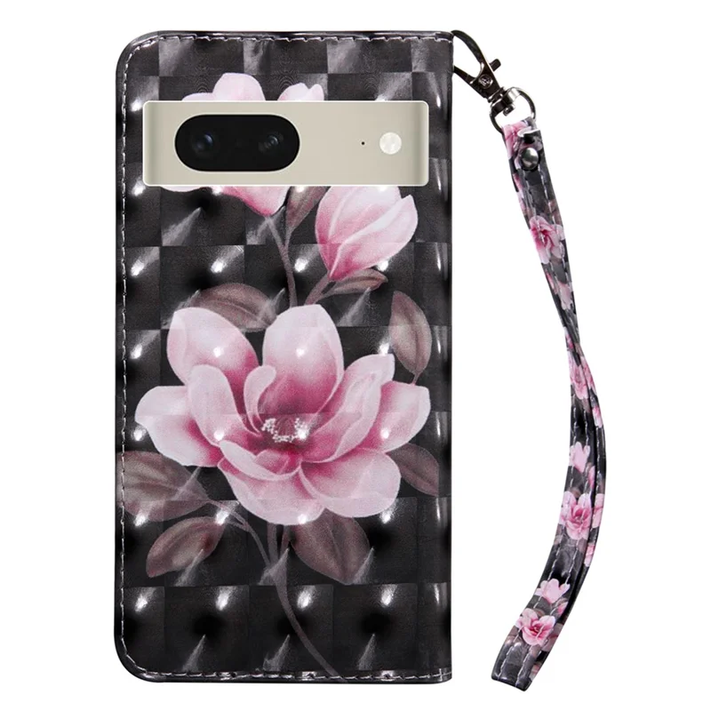 For Google Pixel 8 3D Pattern Printing PU Leather Phone Cover Wallet Phone Stand Case with Strap - Pink Flower