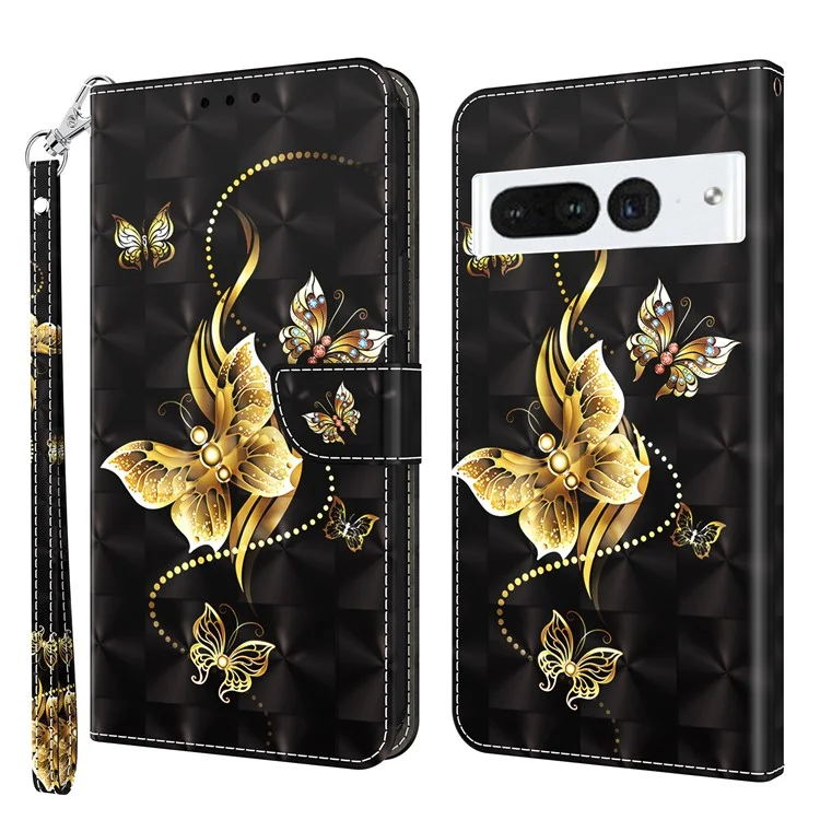 For Google Pixel 8 Pro Stand PU Leather Phone Case 3D Pattern Printing Wallet Cover with Strap - Golden Butterfly