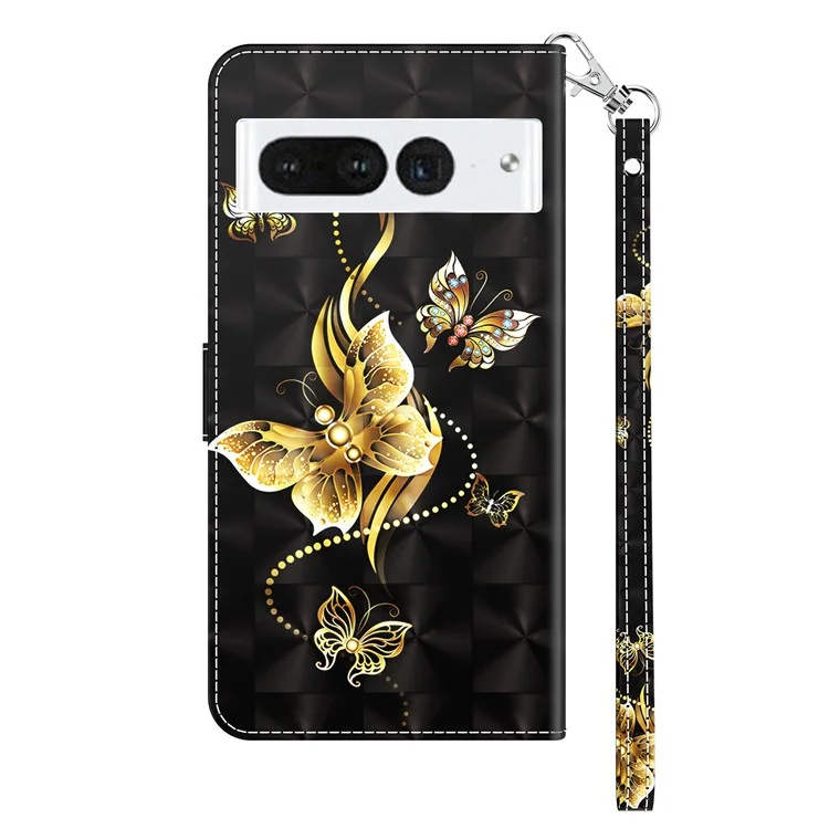 For Google Pixel 8 Pro Stand PU Leather Phone Case 3D Pattern Printing Wallet Cover with Strap - Golden Butterfly