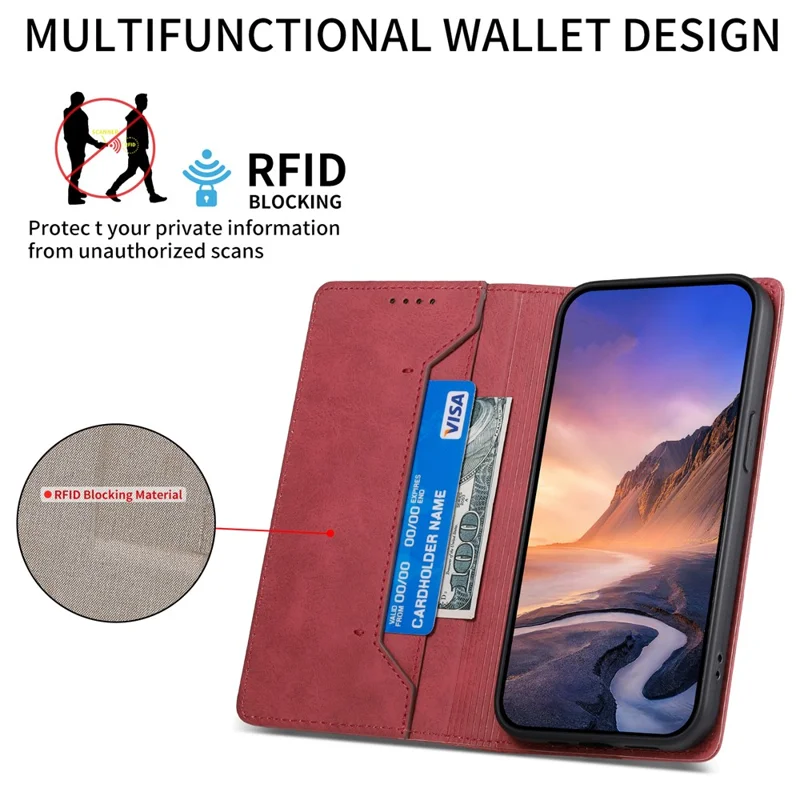 DF-05 RFID Blocking Phone Case For Xiaomi 13 Ultra , Wallet PU Leather Coated Matte TPU Stand Cover - Red