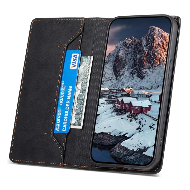 DF-05 لجهاز iPhone 14 غطاء محفظة بخاصية منع التصادم وحجب RFID من جلد PU - أسود