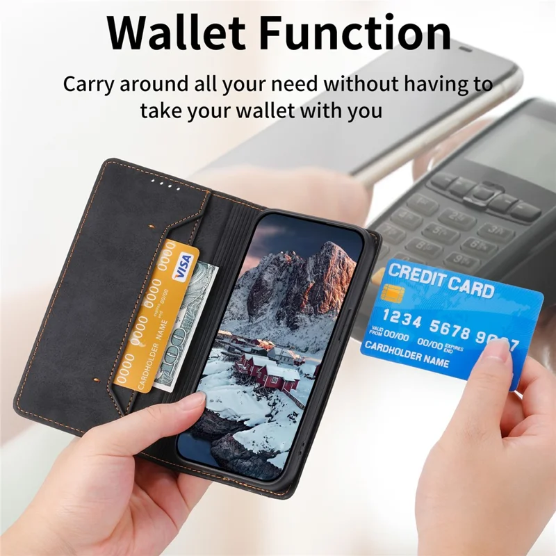 DF-05 لجهاز iPhone 14 غطاء محفظة بخاصية منع التصادم وحجب RFID من جلد PU - أسود