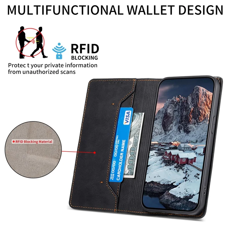 DF-05 لجهاز iPhone 14 غطاء محفظة بخاصية منع التصادم وحجب RFID من جلد PU - أسود