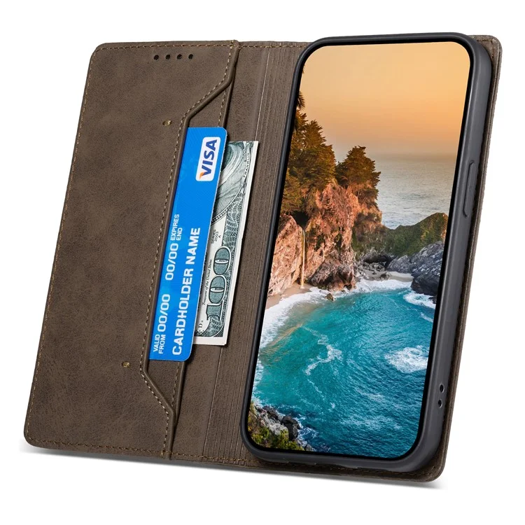DF-05 Business Wallet Case für iPhone 13 Pro, PU-Leder, RFID-blockierende Standanzeige, Telefonabdeckung - Braun