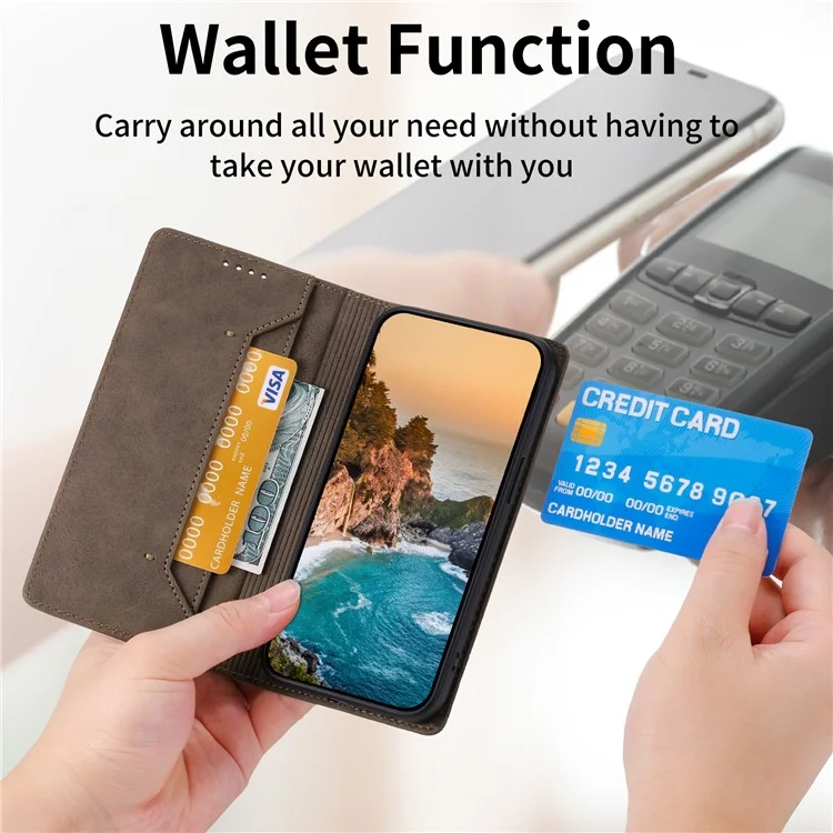 DF-05 Business Wallet Case für iPhone 13 Pro, PU-Leder, RFID-blockierende Standanzeige, Telefonabdeckung - Braun