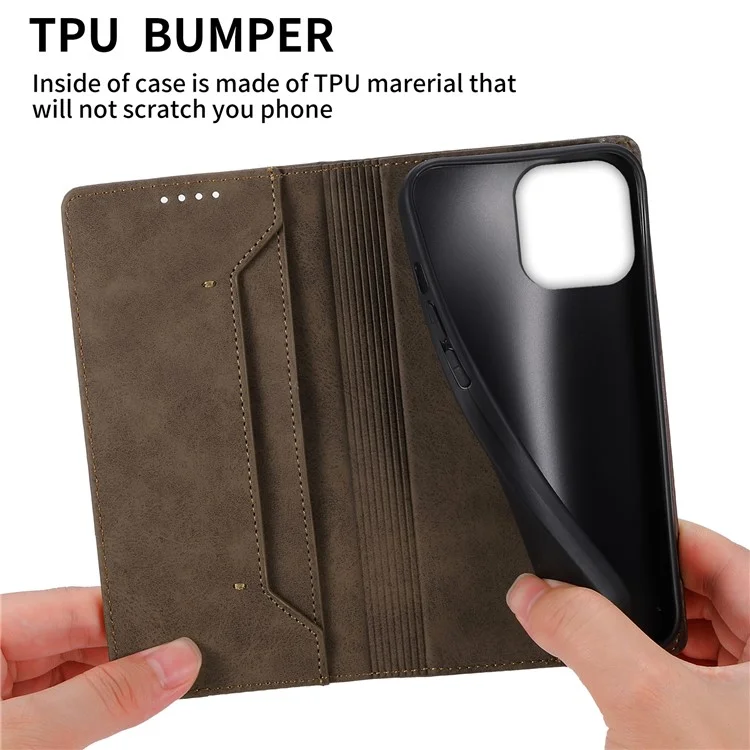 DF-05 Business Wallet Case für iPhone 13 Pro, PU-Leder, RFID-blockierende Standanzeige, Telefonabdeckung - Braun