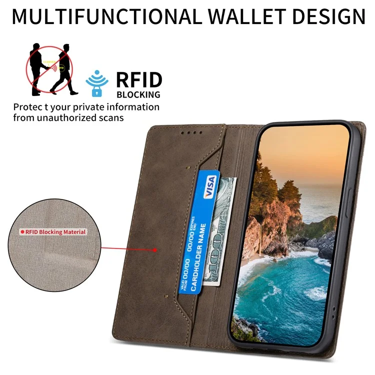 DF-05 Business Wallet Case für iPhone 13 Pro, PU-Leder, RFID-blockierende Standanzeige, Telefonabdeckung - Braun