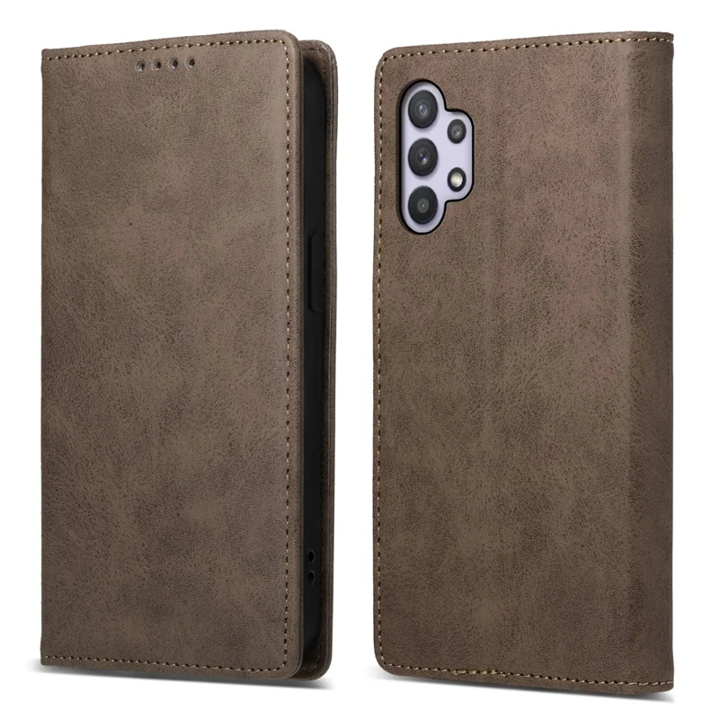 DF-05 PU Leather Phone Case for Samsung Galaxy A32 5G / M32 5G Stand RFID Blocking Business Wallet Flip Cover - Brown