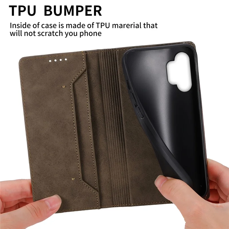 DF-05 PU Leather Phone Case for Samsung Galaxy A32 5G / M32 5G Stand RFID Blocking Business Wallet Flip Cover - Brown