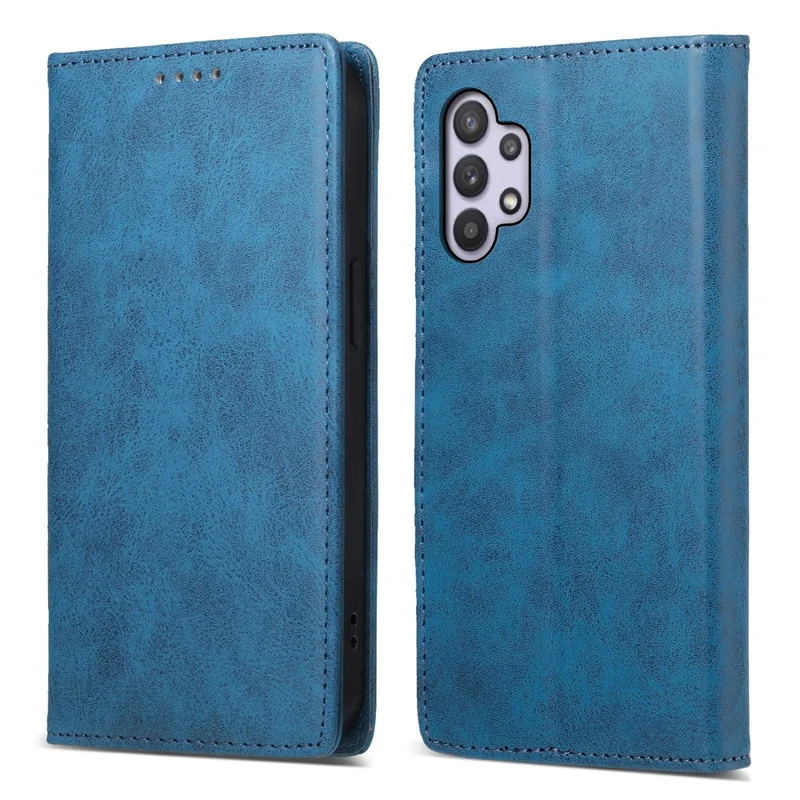 DF-05 PU Leather Phone Case for Samsung Galaxy A32 5G / M32 5G Stand RFID Blocking Business Wallet Flip Cover - Blue