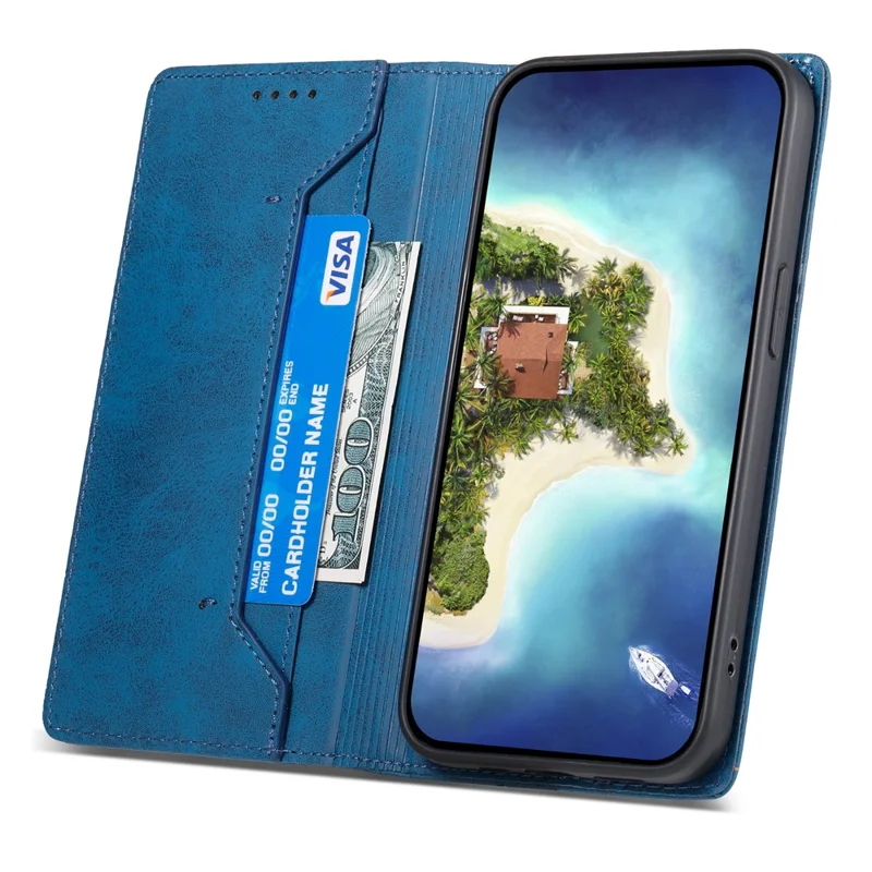 DF-05 PU Leather Phone Case for Samsung Galaxy A32 5G / M32 5G Stand RFID Blocking Business Wallet Flip Cover - Blue