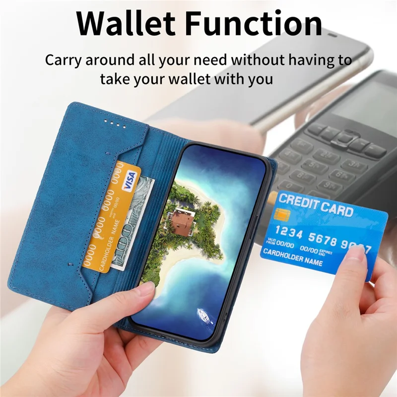 DF-05 PU Leather Phone Case for Samsung Galaxy A32 5G / M32 5G Stand RFID Blocking Business Wallet Flip Cover - Blue