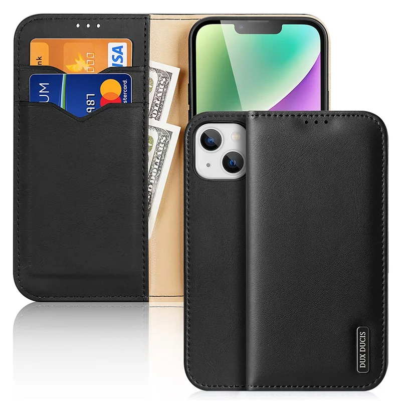 DUX DUCIS Hivo Series for iPhone 15 RFID Blocking Cowhide Leather Phone Case Stand Wallet Cover - Black