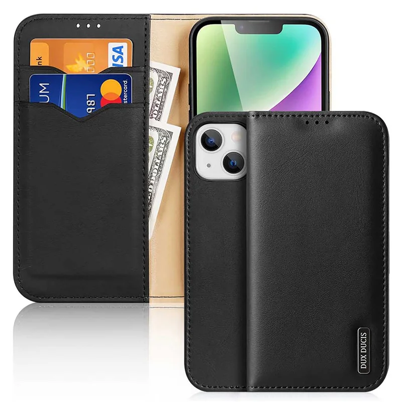 DUX DUCIS Hivo Series para iPhone 15 Plus Cowhide Leather RFID Blocking Wallet Case Cell Phone Stand Cover - Preto