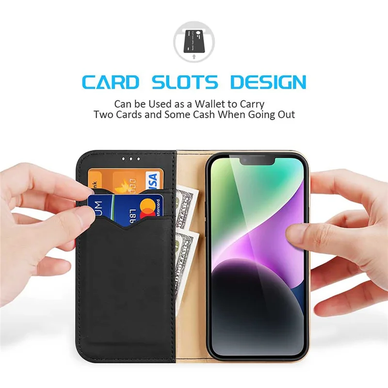 DUX DUCIS Hivo Series para iPhone 15 Plus Cowhide Leather RFID Blocking Wallet Case Cell Phone Stand Cover - Preto