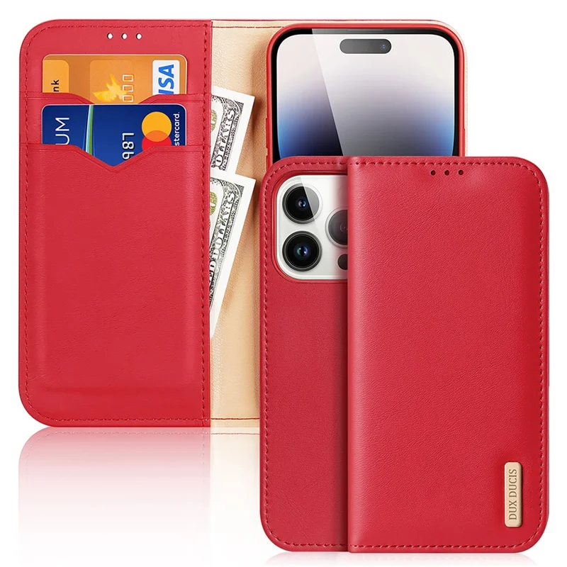 DUX DUCIS Hivo Series for iPhone 15 Pro Cowhide Leather Stand Phone Case RFID Blocking Wallet Phone Cover - Red
