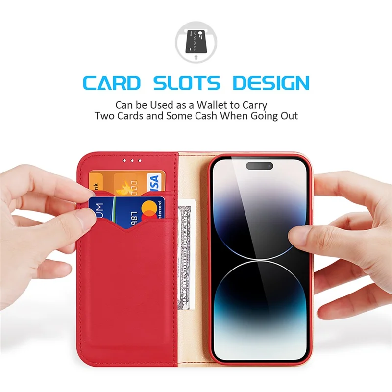 DUX DUCIS Hivo Series for iPhone 15 Pro Cowhide Leather Stand Phone Case RFID Blocking Wallet Phone Cover - Red