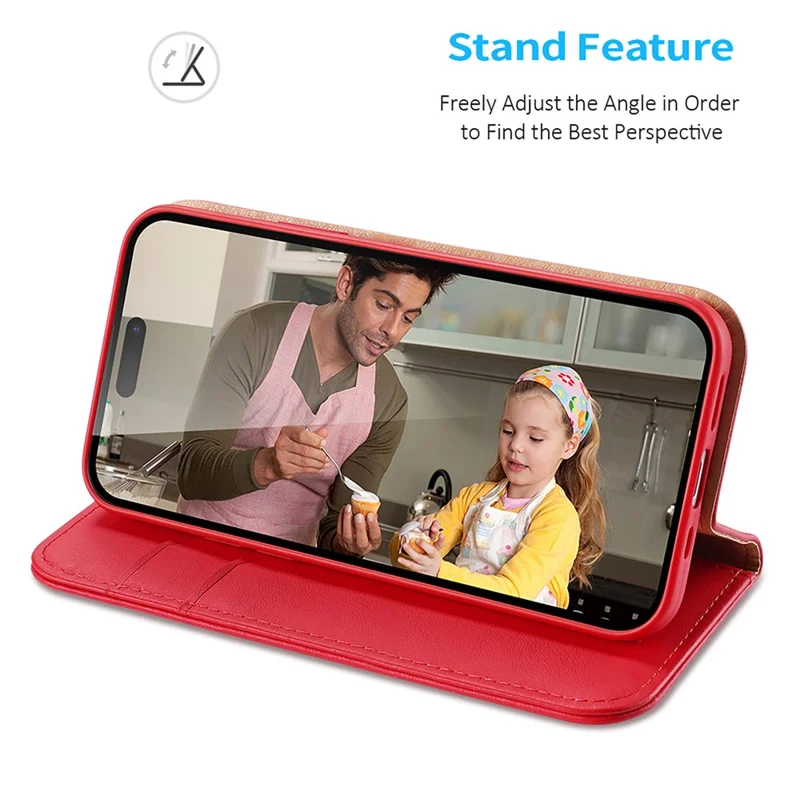DUX DUCIS Hivo Series for iPhone 15 Pro Cowhide Leather Stand Phone Case RFID Blocking Wallet Phone Cover - Red