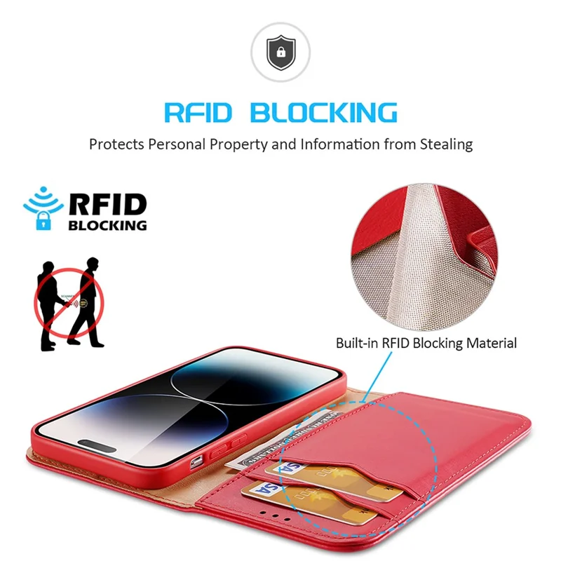 DUX DUCIS Hivo Series for iPhone 15 Pro Cowhide Leather Stand Phone Case RFID Blocking Wallet Phone Cover - Red