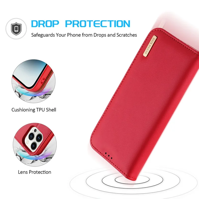 DUX DUCIS Hivo Series for iPhone 15 Pro Cowhide Leather Stand Phone Case RFID Blocking Wallet Phone Cover - Red