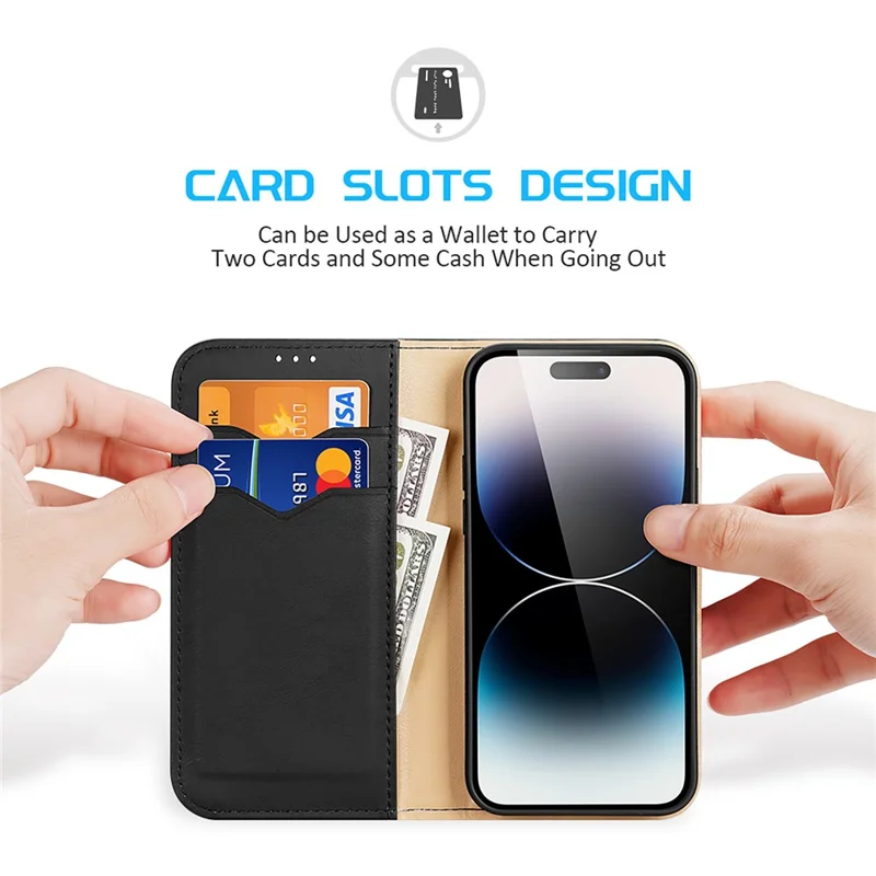 DUX DUCIS Hivo-Serie für iPhone 15 Pro Max RFID-blockierendes Wallet-Case aus Rindsleder mit Ständer - Schwarz