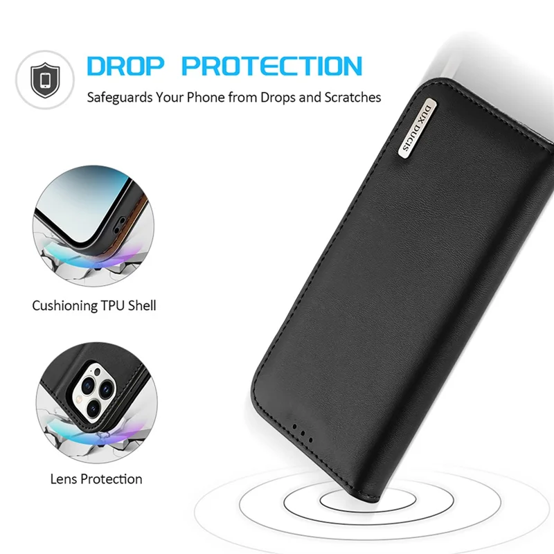 DUX DUCIS Hivo-Serie für iPhone 15 Pro Max RFID-blockierendes Wallet-Case aus Rindsleder mit Ständer - Schwarz