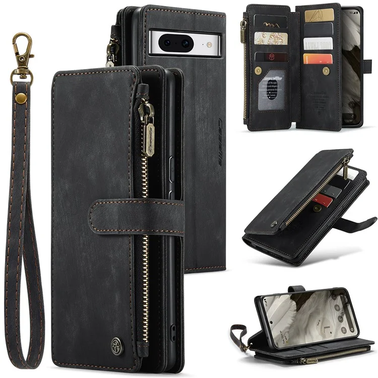 CASEME C30 Series для Google Pixel 8 Чехол-книжка с держателем и карманом на молнии из искусственной кожи с отделениями для карт - черный