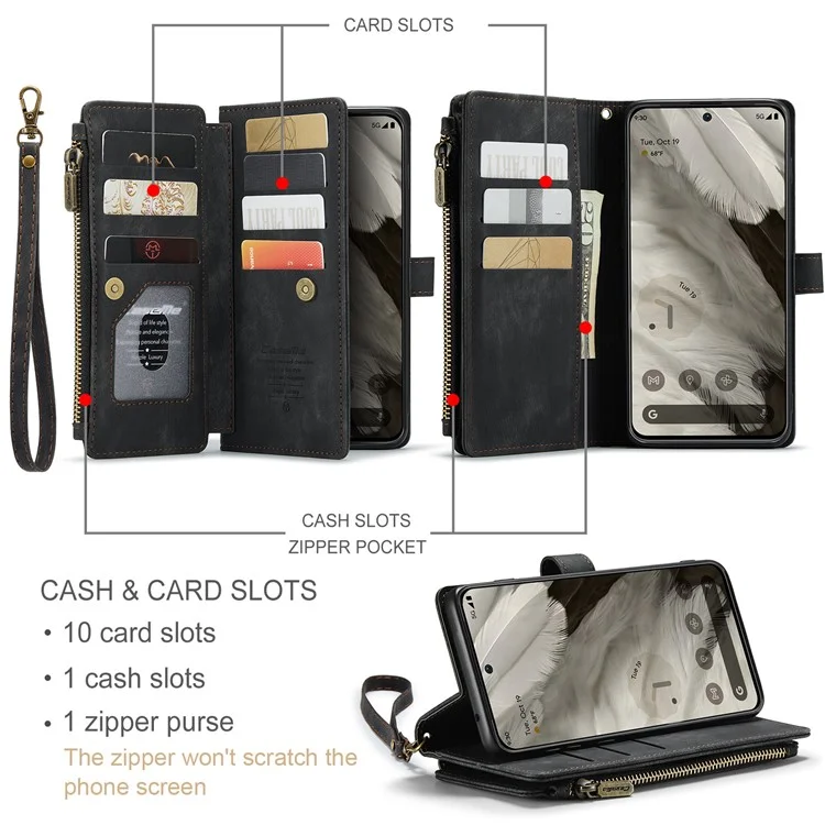 CASEME C30 Series для Google Pixel 8 Чехол-книжка с держателем и карманом на молнии из искусственной кожи с отделениями для карт - черный