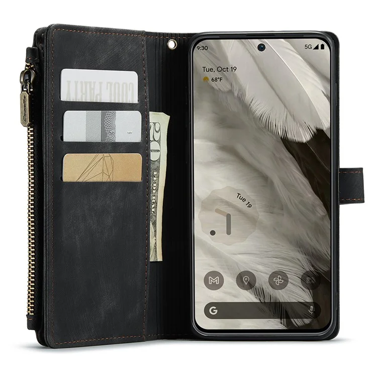CASEME C30 Series для Google Pixel 8 Чехол-книжка с держателем и карманом на молнии из искусственной кожи с отделениями для карт - черный