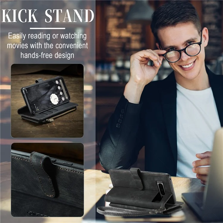 For Google Pixel 8 Pro Phone Cases with Strap CASEME C30 Zipper Multiple Card Holder PU Leather Cover - Black