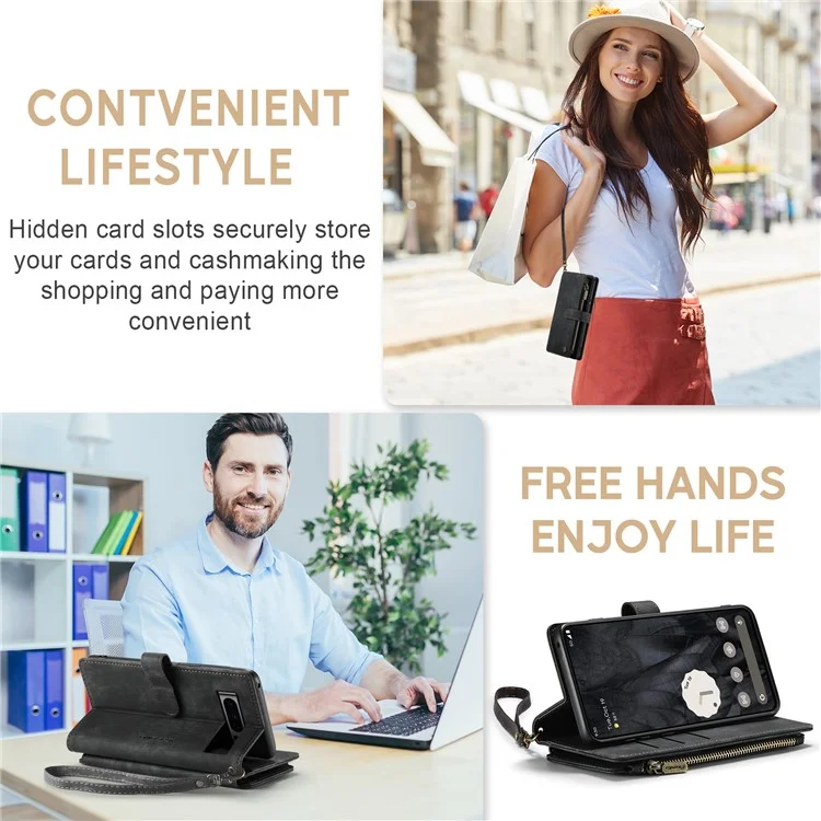 For Google Pixel 8 Pro Phone Cases with Strap CASEME C30 Zipper Multiple Card Holder PU Leather Cover - Black
