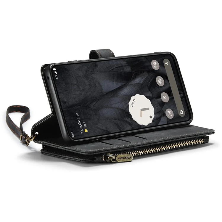 For Google Pixel 8 Pro Phone Cases with Strap CASEME C30 Zipper Multiple Card Holder PU Leather Cover - Black