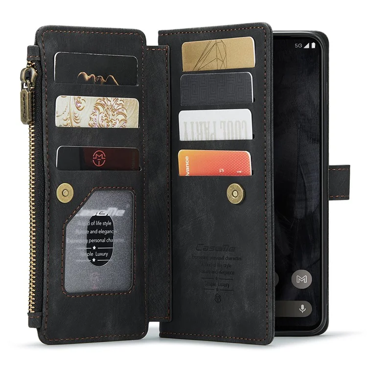 For Google Pixel 8 Pro Phone Cases with Strap CASEME C30 Zipper Multiple Card Holder PU Leather Cover - Black