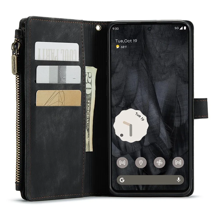For Google Pixel 8 Pro Phone Cases with Strap CASEME C30 Zipper Multiple Card Holder PU Leather Cover - Black