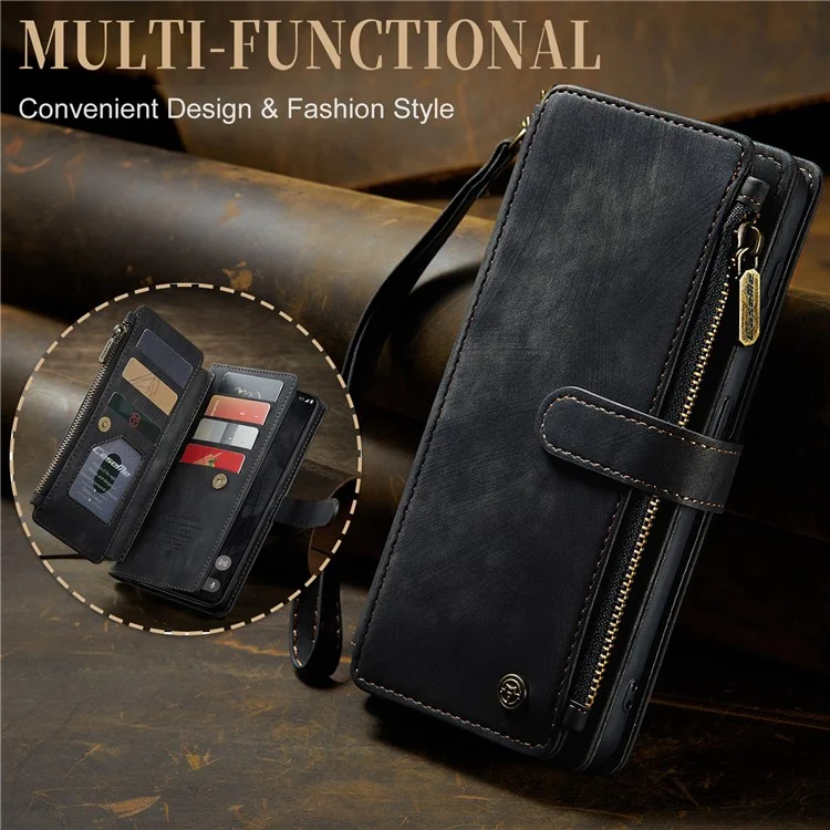 For Google Pixel 8 Pro Phone Cases with Strap CASEME C30 Zipper Multiple Card Holder PU Leather Cover - Black