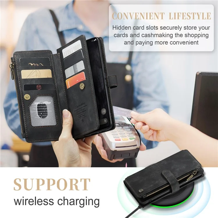 For Google Pixel 8 Pro Phone Cases with Strap CASEME C30 Zipper Multiple Card Holder PU Leather Cover - Black