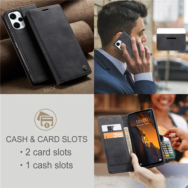 CASEME 013 Series For Xiaomi Poco F5 5G / Redmi Note 12 Turbo Estuche de cartera de piel sintética Funda de teléfono con soporte - Negro