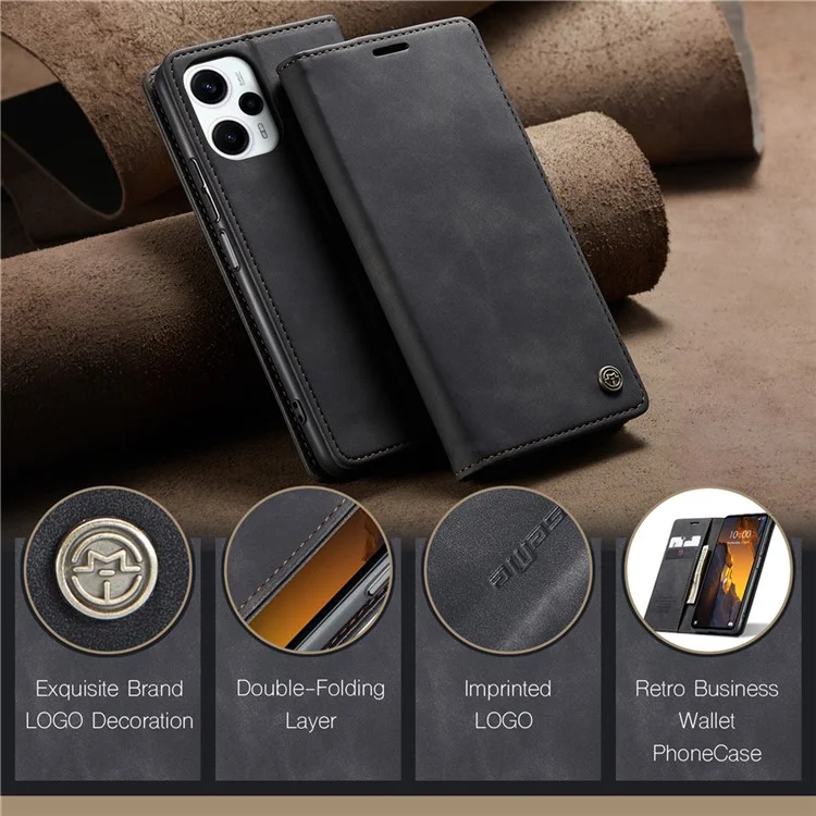 CASEME 013 Series For Xiaomi Poco F5 5G / Redmi Note 12 Turbo Estuche de cartera de piel sintética Funda de teléfono con soporte - Negro