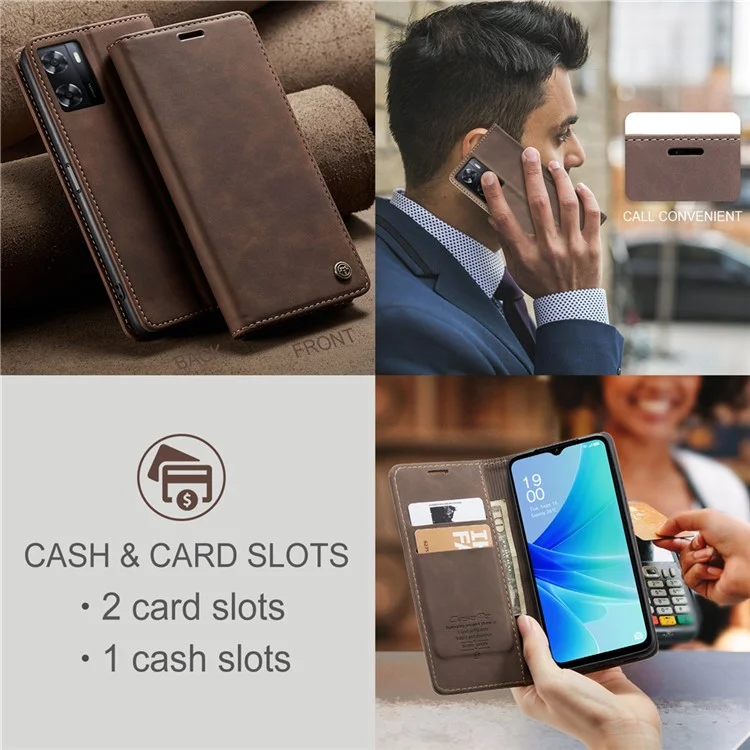 CASEME 013 Serie Funda de Piel para Oppo A57 4G / A57s 4G / A57e 4G / A77 4G / A77s 4G / OnePlus Nord N20 SE 4G Cartera Soporte Cubierta de Teléfono - Café