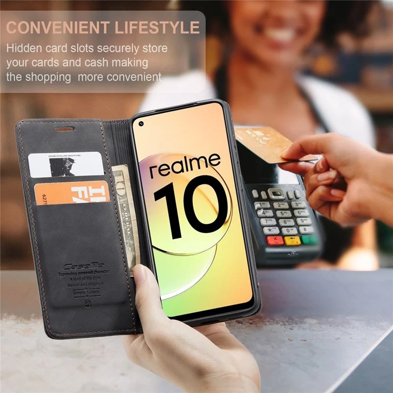 CASEME 013 Serie para Realme 10 4G Funda de billetera de piel sintética con soporte Flip Cell Phone Cover - Negro
