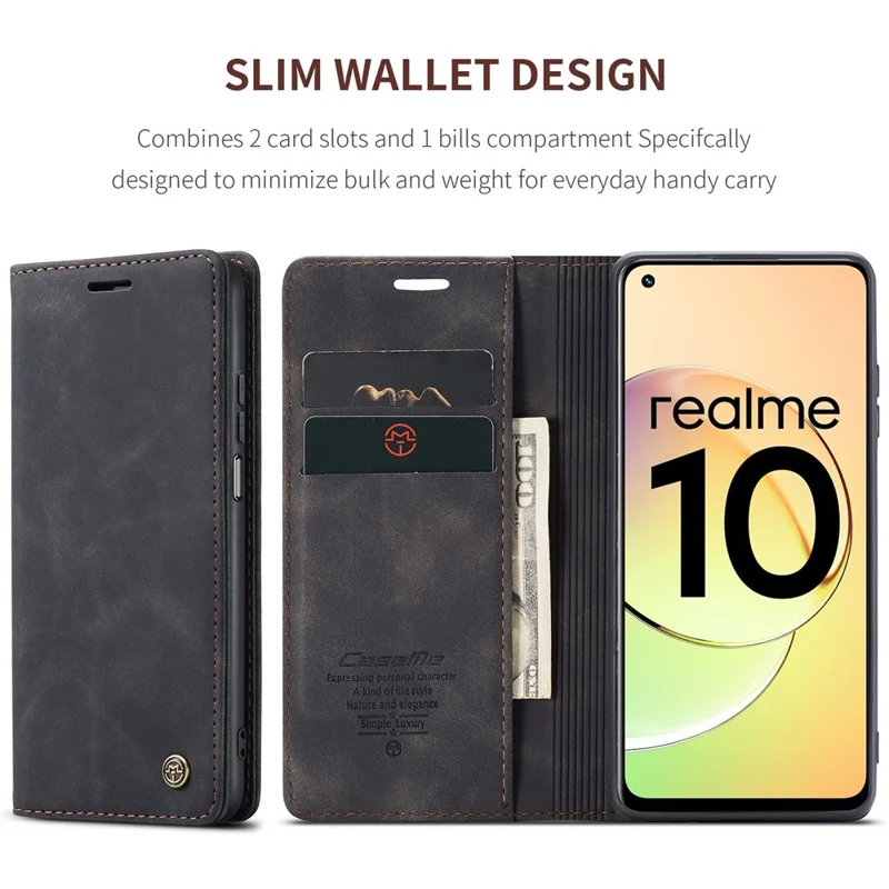 CASEME 013 Serie para Realme 10 4G Funda de billetera de piel sintética con soporte Flip Cell Phone Cover - Negro